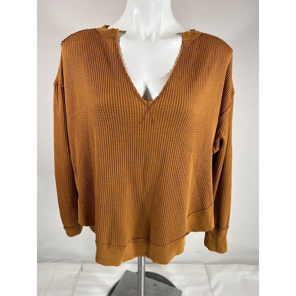 We The Free Top Womens XS Brown Knit V Neck Elbow‎ Patch Boho Distressed